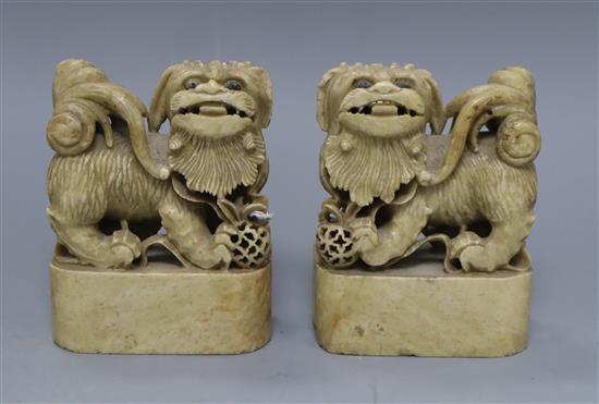 A pair of Chinese soapstone shi shi